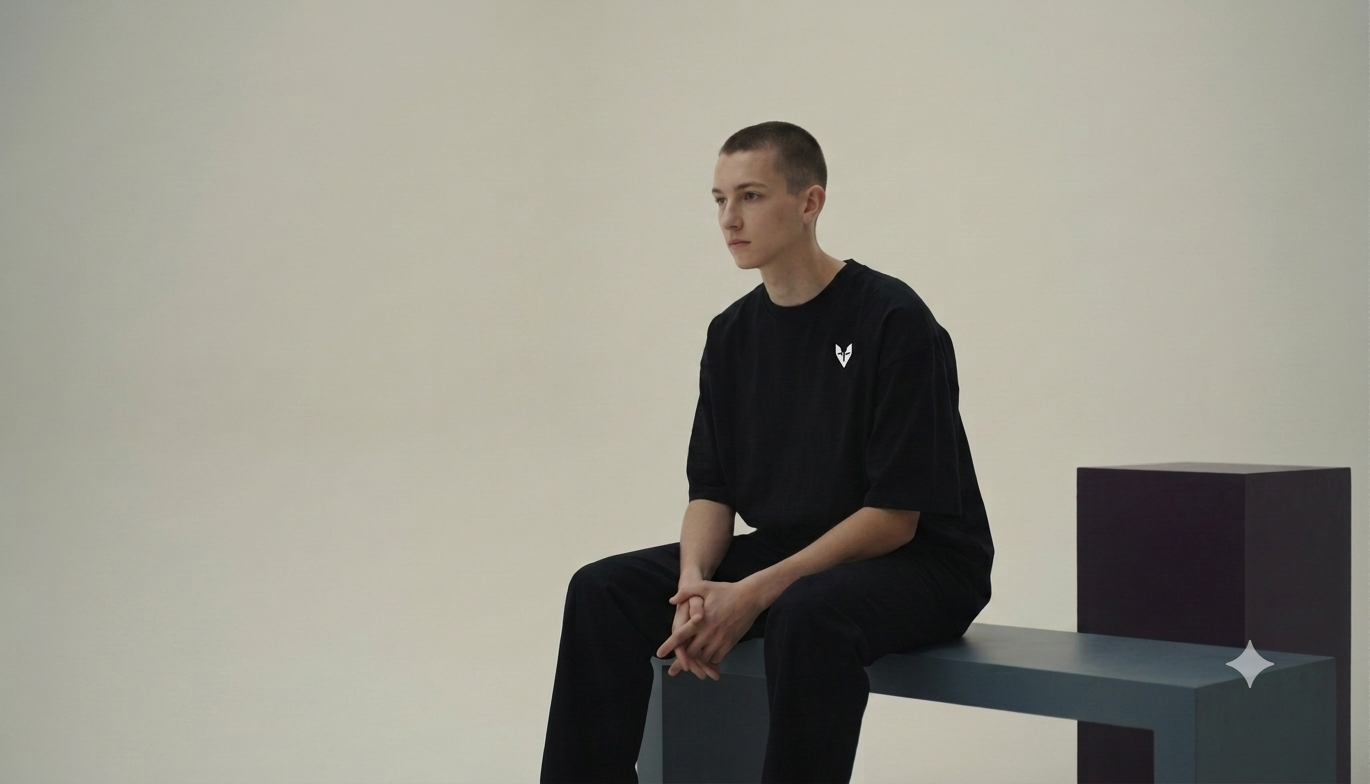 Person sitting on a bench wearing a black t-shirt with a white logo against a plain background